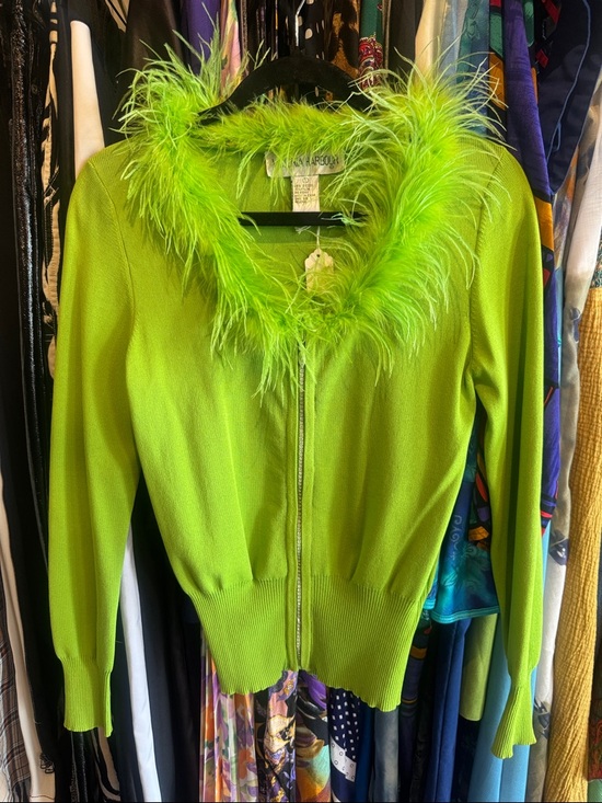 Victoria Harbour Sweaters - Y2K Lime Green Feather Trim Zip Cardigan